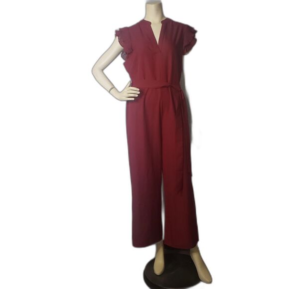 SHEIN Jumpsuit Womens XL Red Ruffle Sleeve Belted Keyhole Back Wide Leg Romper - Picture 1 of 10
